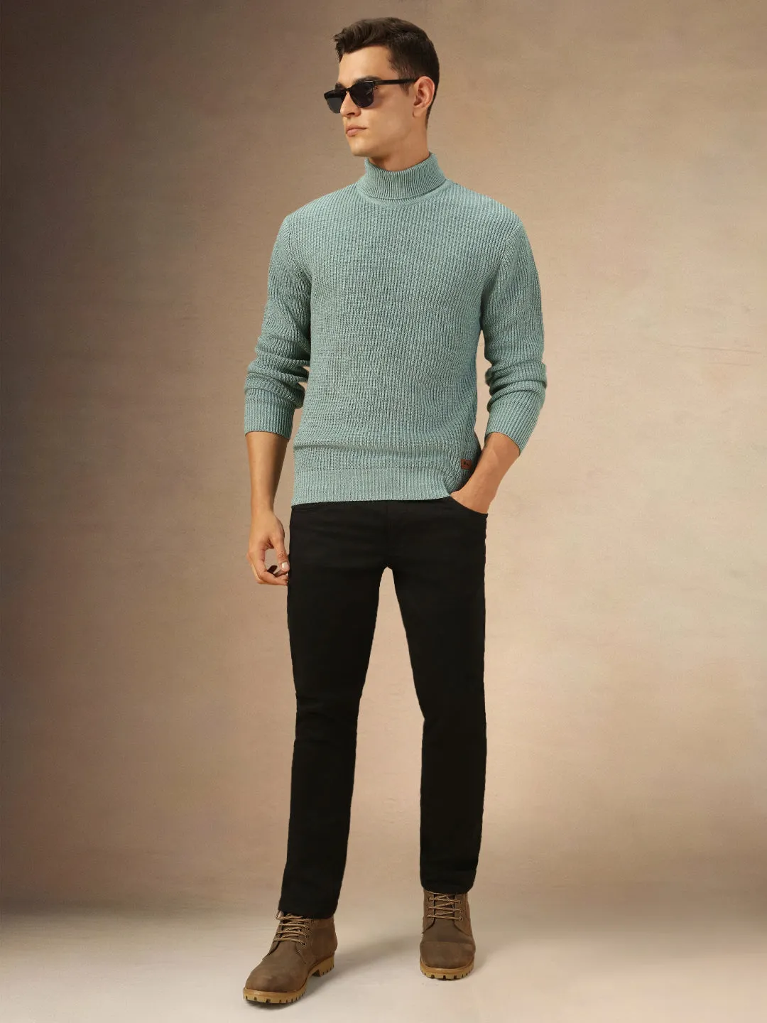 Mne's Sea Green Turtle Neck Full Sleeves Sweater