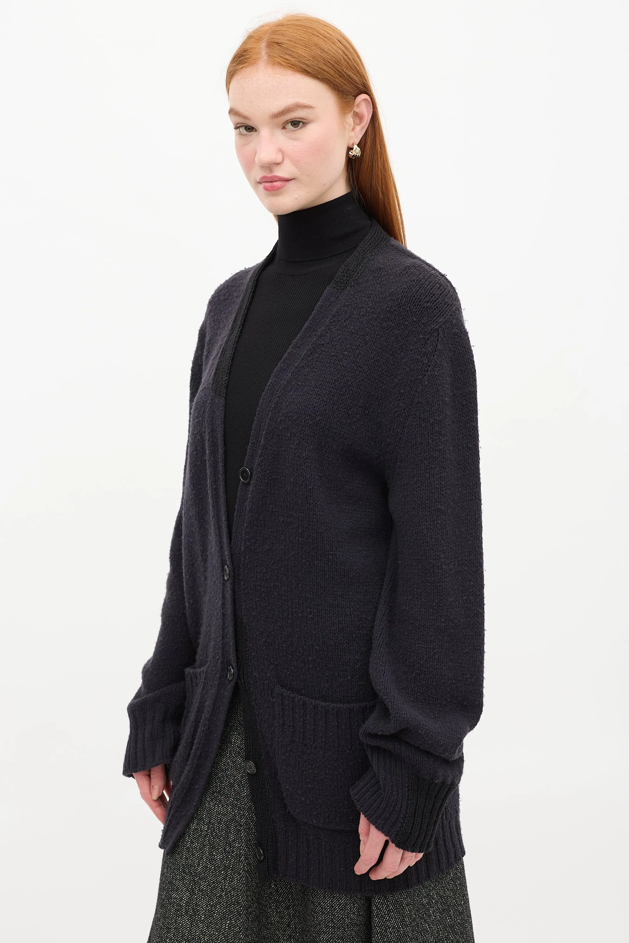 Navy Wool Knit Two Pocket Long Cardigan