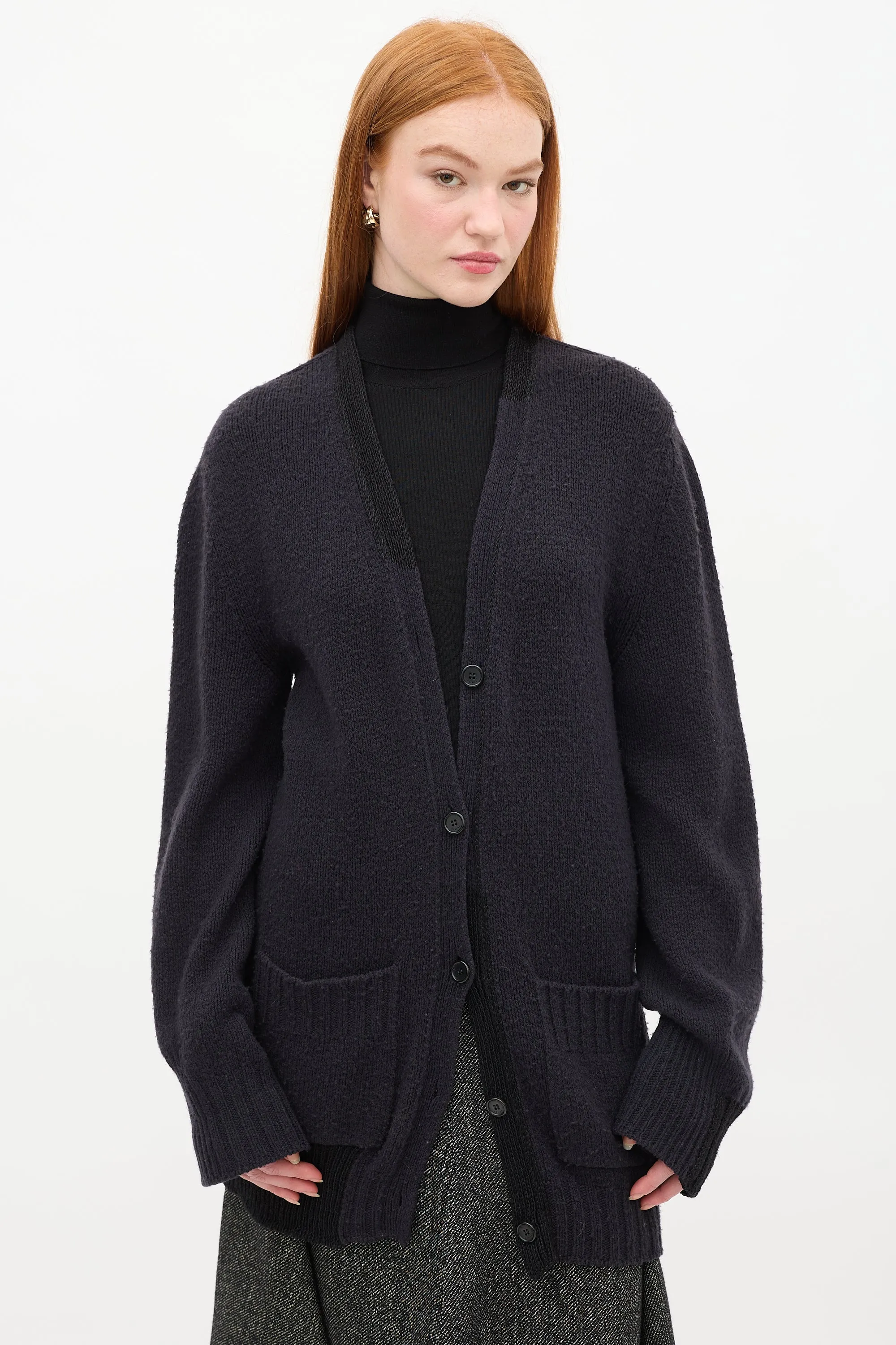 Navy Wool Knit Two Pocket Long Cardigan