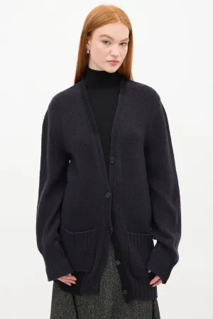 Navy Wool Knit Two Pocket Long Cardigan