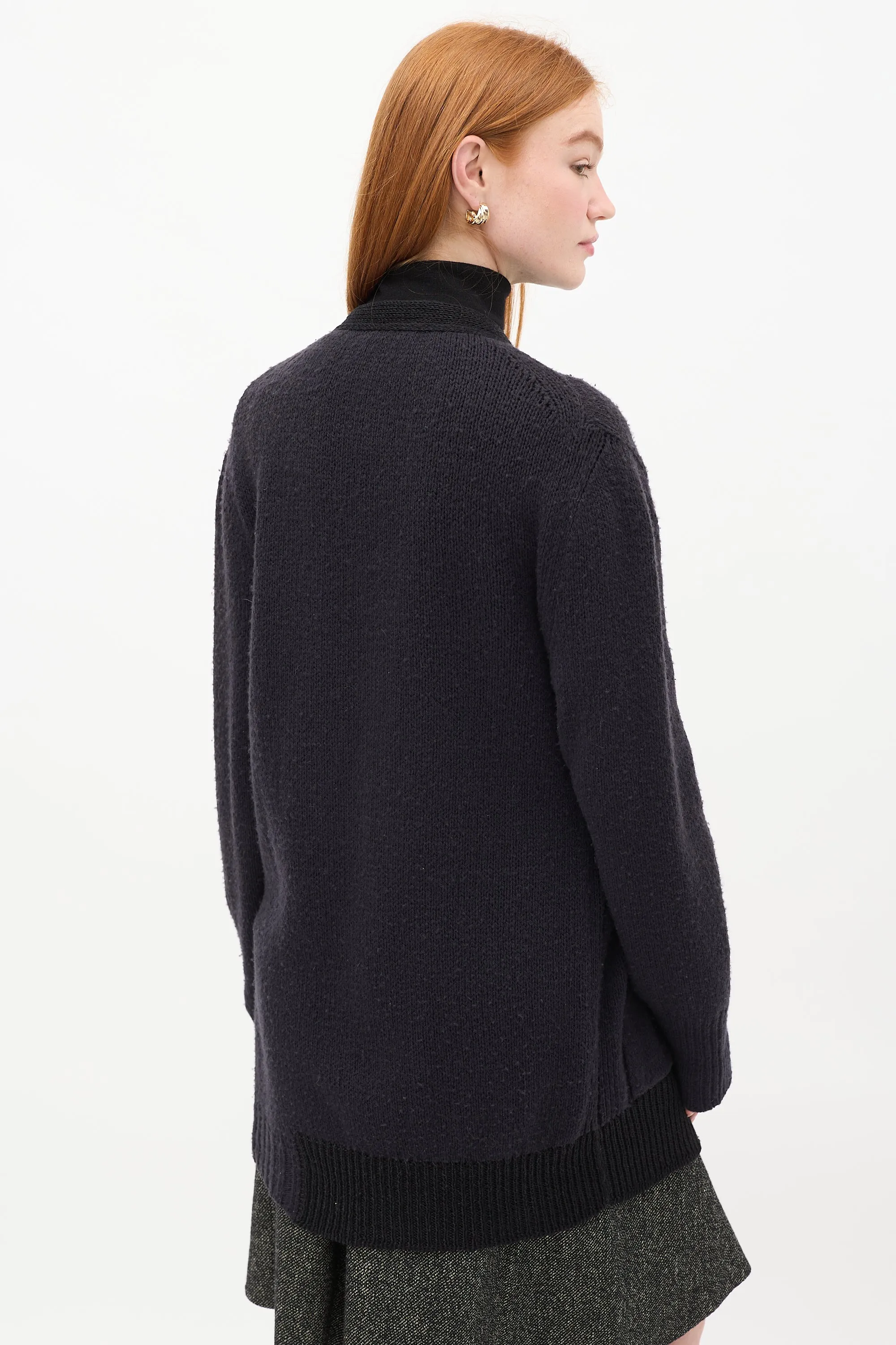 Navy Wool Knit Two Pocket Long Cardigan