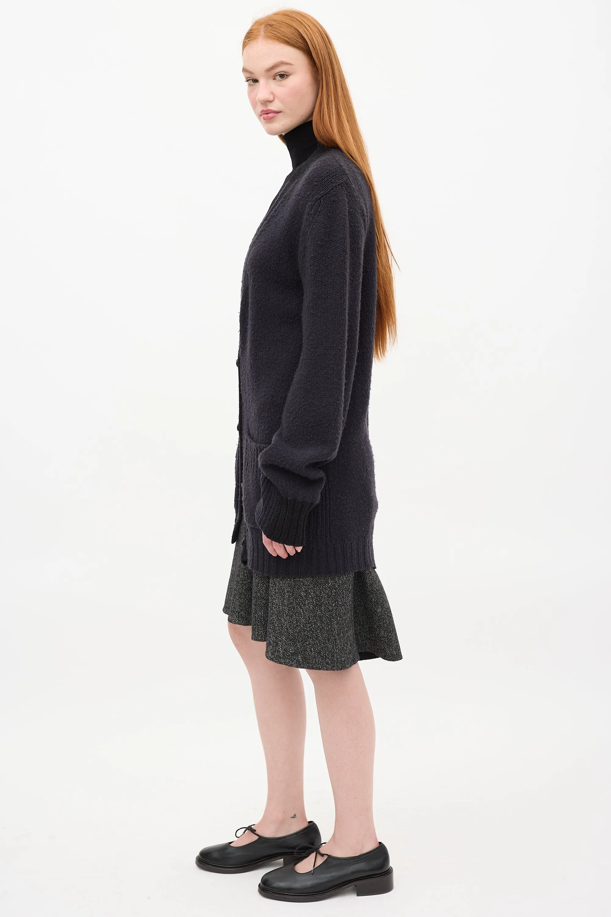 Navy Wool Knit Two Pocket Long Cardigan