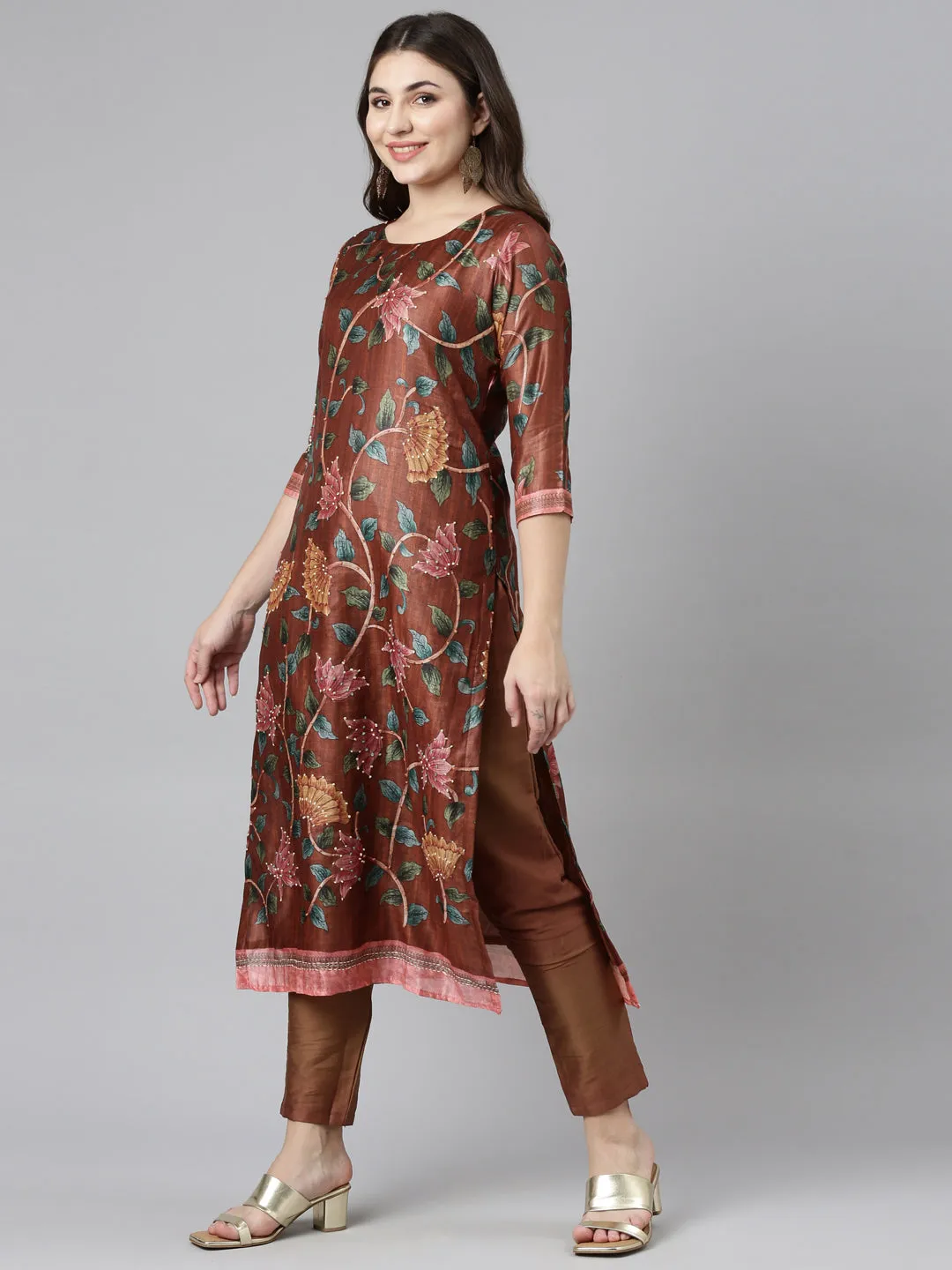 Neeru's Rust Regular Straight Printed Kurta And Trousers With Dupatta