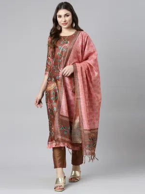 Neeru's Rust Regular Straight Printed Kurta And Trousers With Dupatta