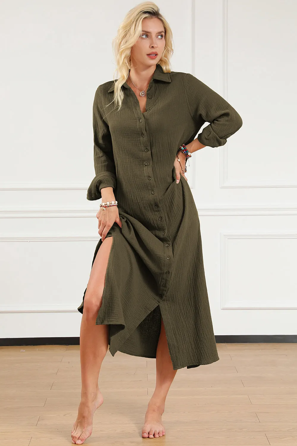 Olive Green Long Sleeve Maxi Dress New Women's Fashion Texture Collared Neck Button Up Slit Shirt Dress