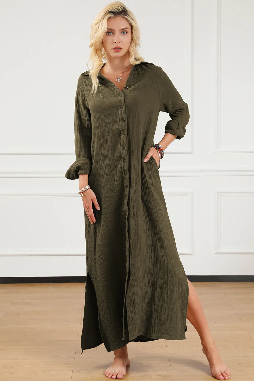 Olive Green Long Sleeve Maxi Dress New Women's Fashion Texture Collared Neck Button Up Slit Shirt Dress