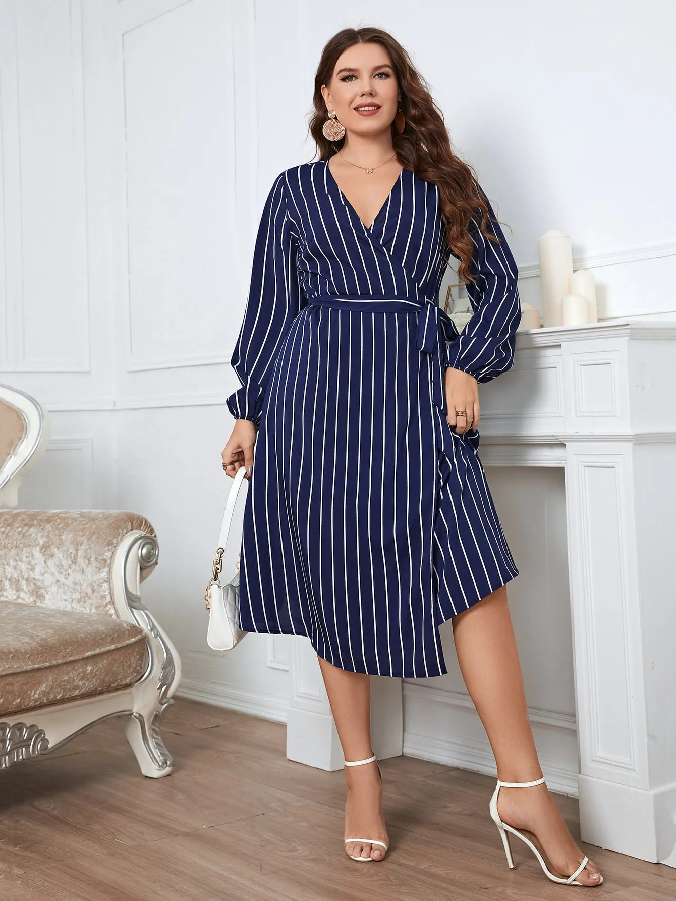 Plus Size Striped Surplice Neck Long Sleeve Dress