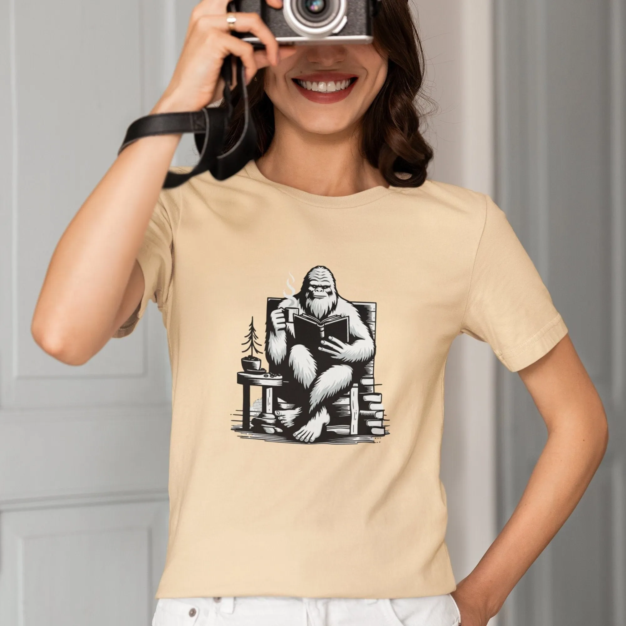 Reading Yeti T-Shirt, Cozy Bigfoot Graphic Tee, Book Lover Gift, Cryptid Enthusiast Apparel, Coffee Lover Sweatshirt