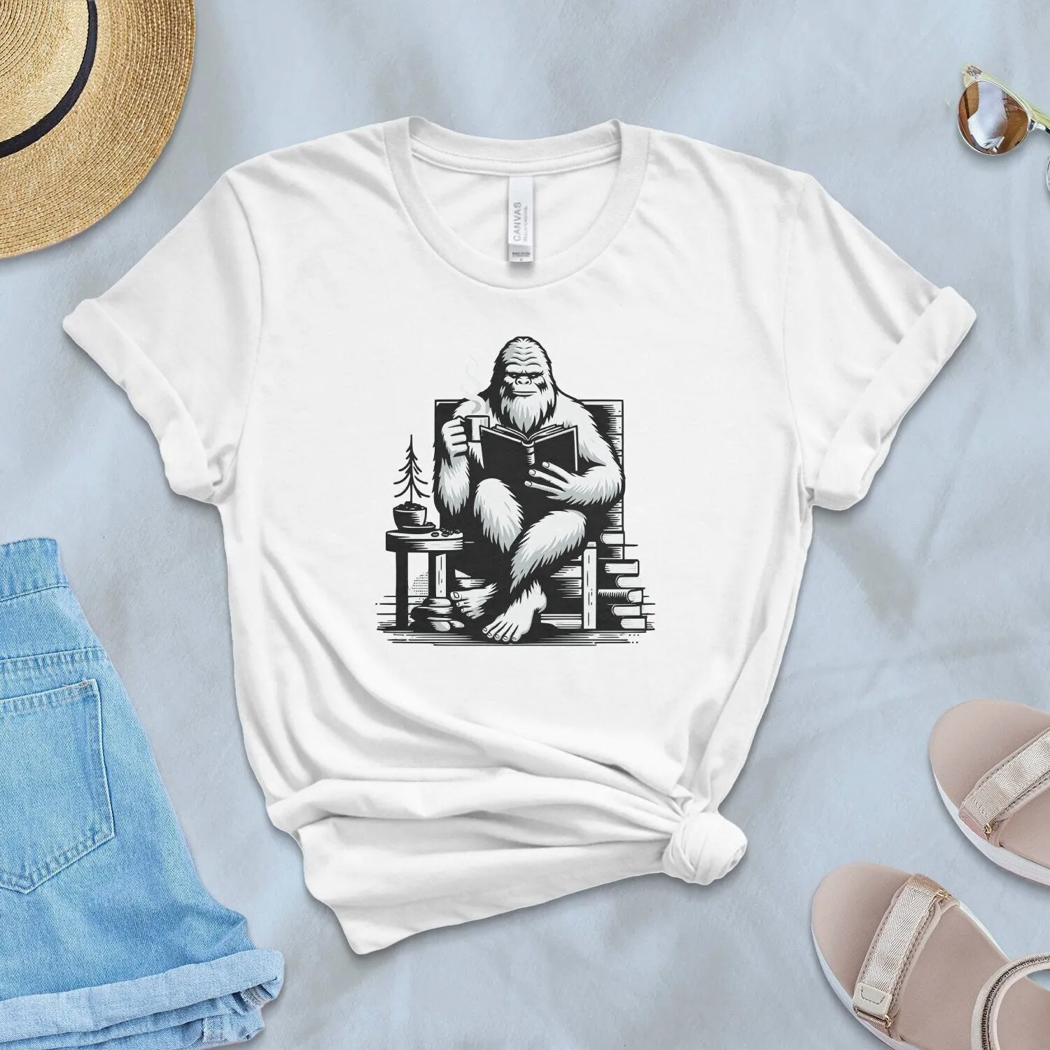 Reading Yeti T-Shirt, Cozy Bigfoot Graphic Tee, Book Lover Gift, Cryptid Enthusiast Apparel, Coffee Lover Sweatshirt