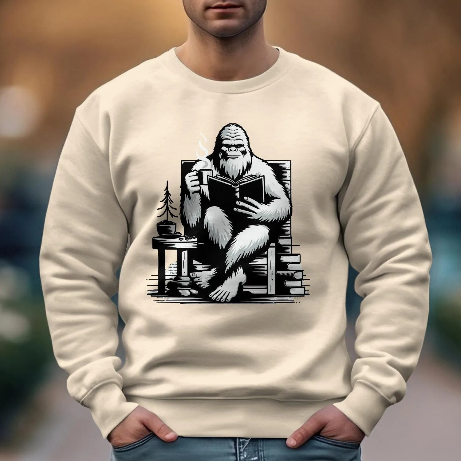 Reading Yeti T-Shirt, Cozy Bigfoot Graphic Tee, Book Lover Gift, Cryptid Enthusiast Apparel, Coffee Lover Sweatshirt