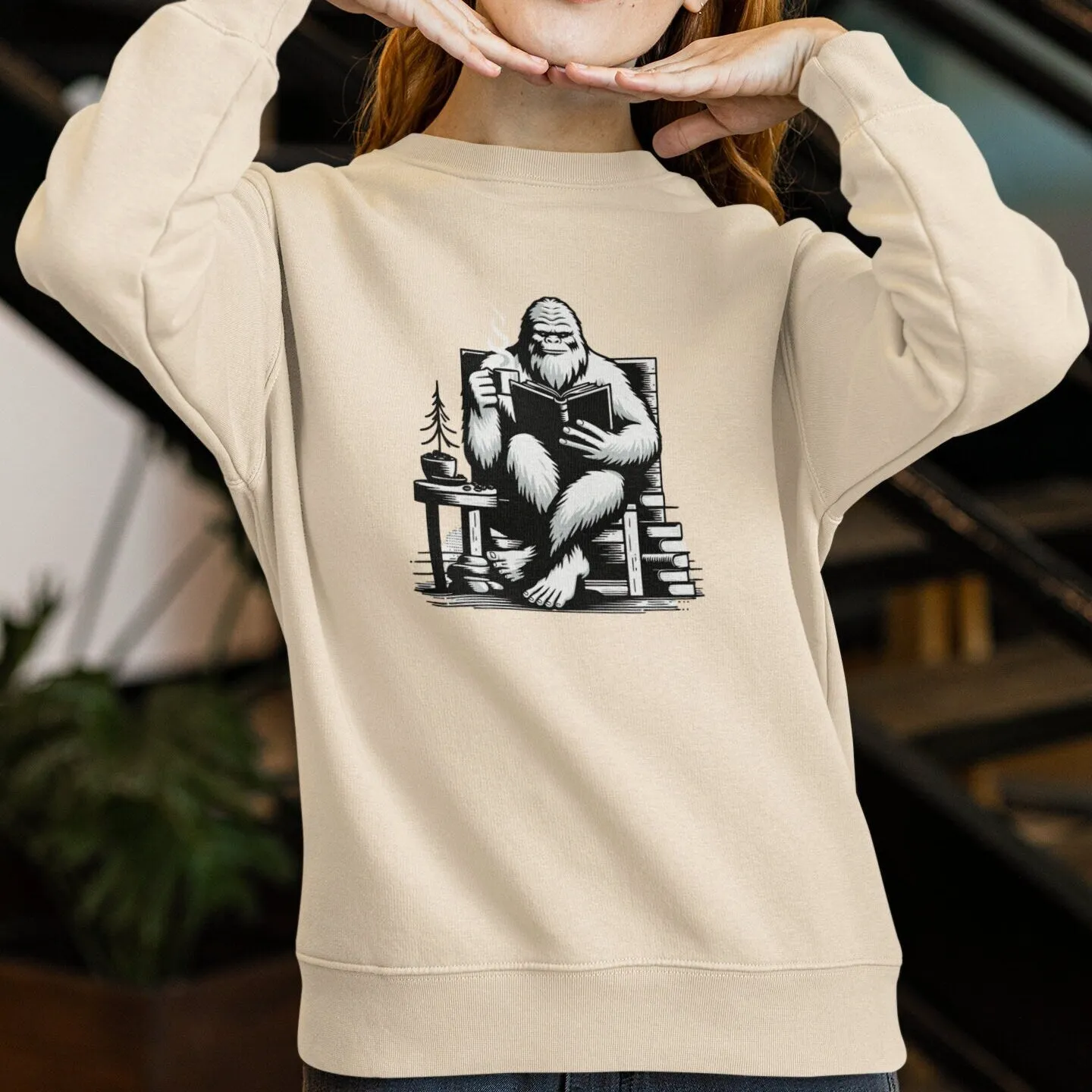 Reading Yeti T-Shirt, Cozy Bigfoot Graphic Tee, Book Lover Gift, Cryptid Enthusiast Apparel, Coffee Lover Sweatshirt