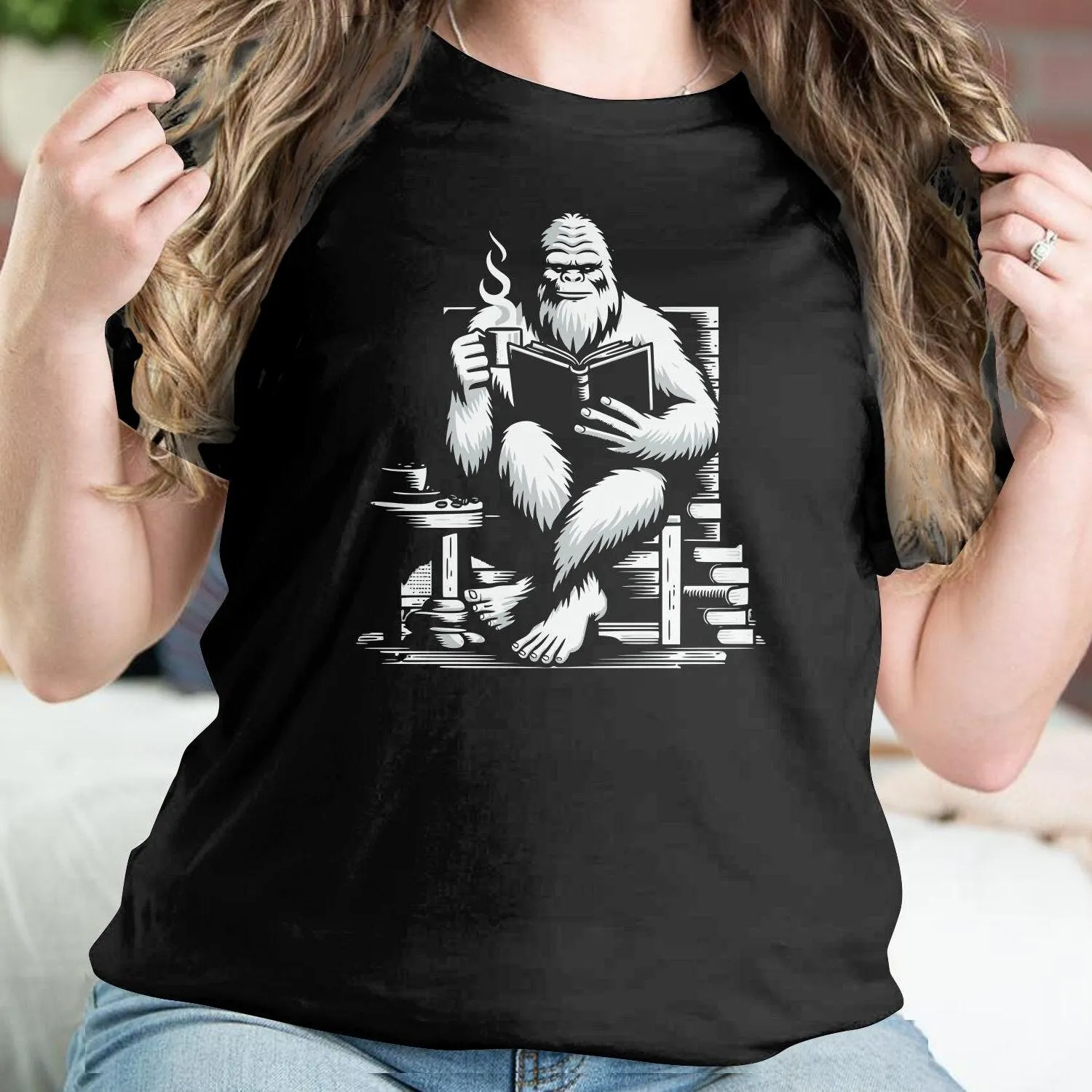 Reading Yeti T-Shirt, Cozy Bigfoot Graphic Tee, Book Lover Gift, Cryptid Enthusiast Apparel, Coffee Lover Sweatshirt