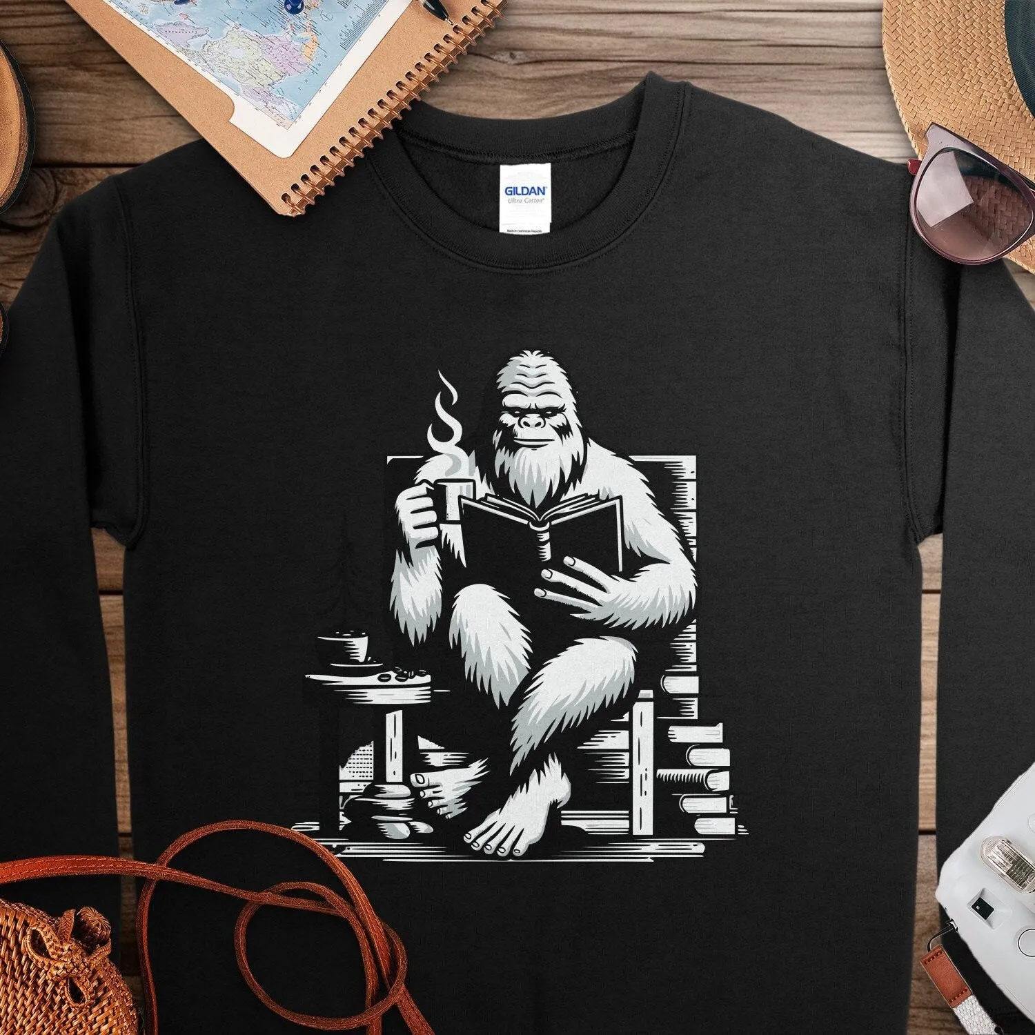 Reading Yeti T-Shirt, Cozy Bigfoot Graphic Tee, Book Lover Gift, Cryptid Enthusiast Apparel, Coffee Lover Sweatshirt