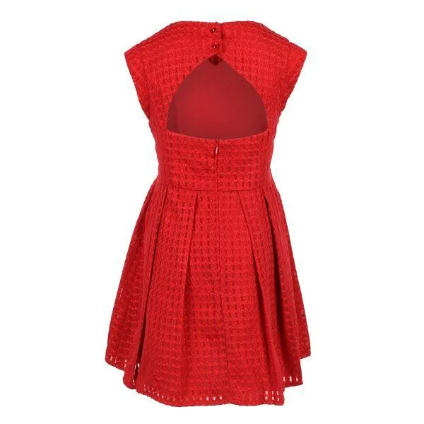 RED CHECK ORGANZA BOX PLEAT DRESS