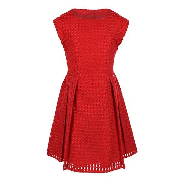 RED CHECK ORGANZA BOX PLEAT DRESS