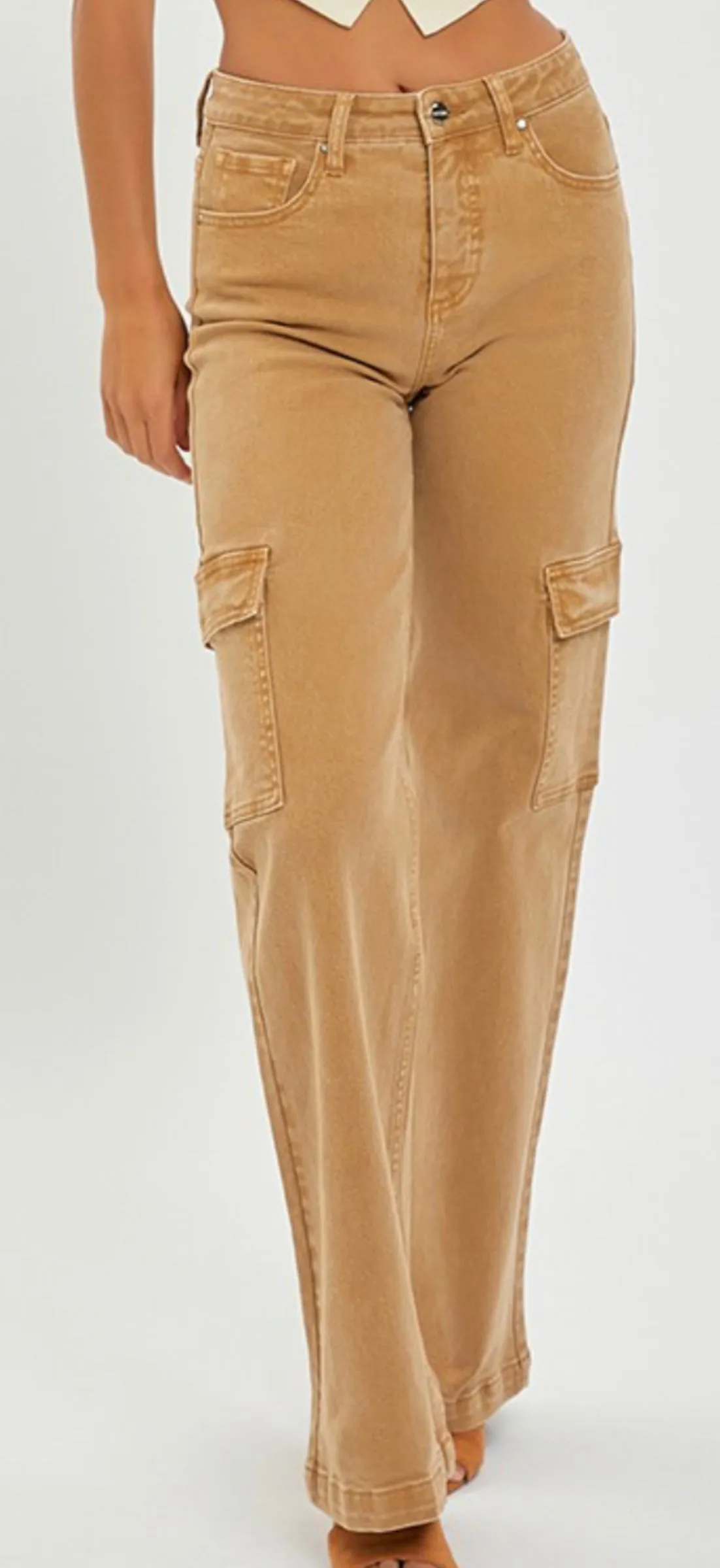 Risen Tan Wide Leg Cargo Trousers - Hi Rise