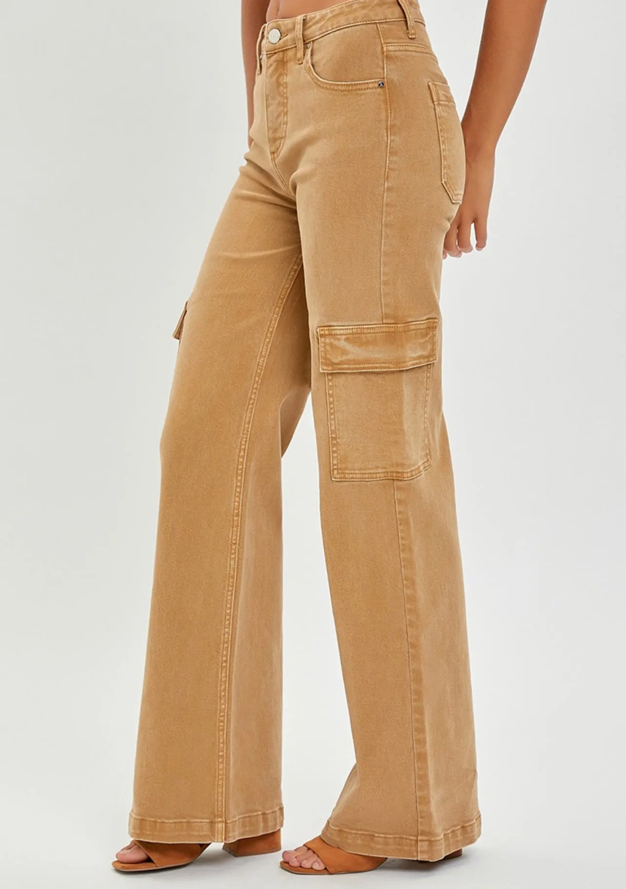 Risen Tan Wide Leg Cargo Trousers - Hi Rise