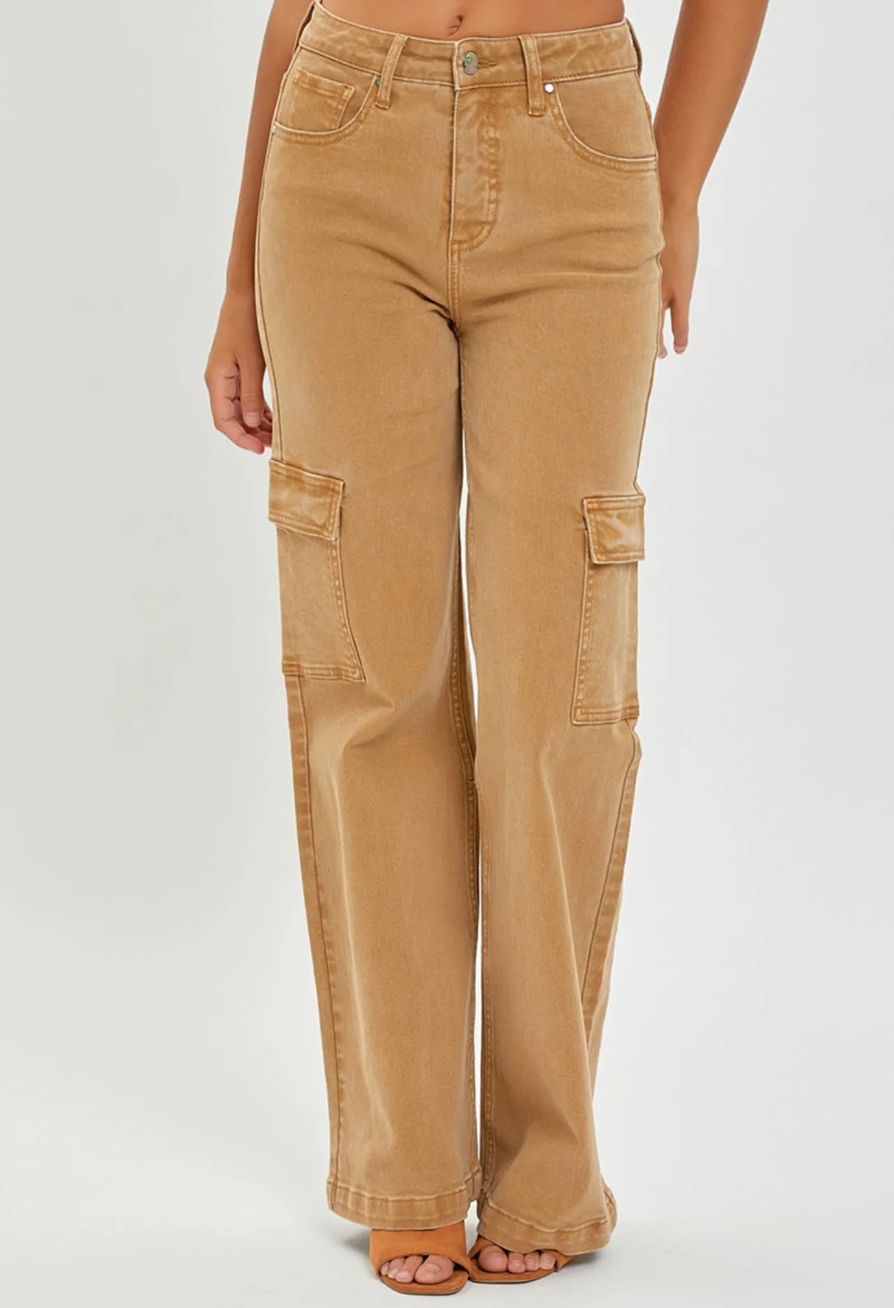 Risen Tan Wide Leg Cargo Trousers - Hi Rise