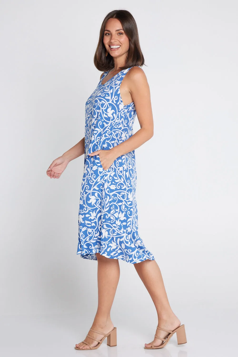 Sienna Sleeveless Petite Dress - Blue Floral Flourish