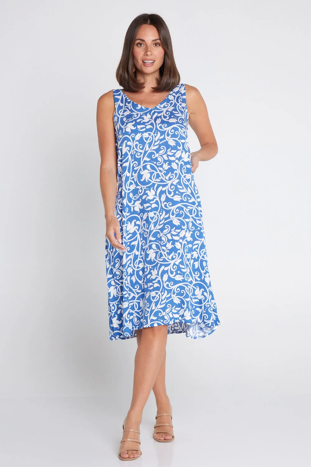 Sienna Sleeveless Petite Dress - Blue Floral Flourish