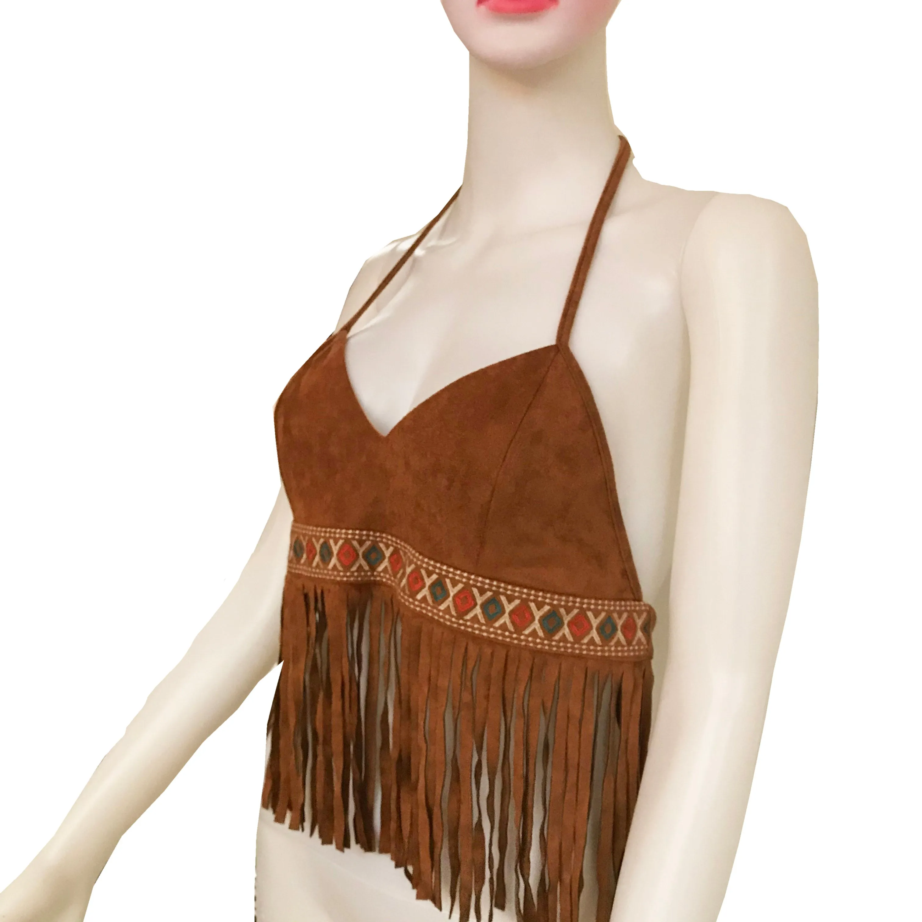 Vintage 1970s Embroidered Fringe Halter Top