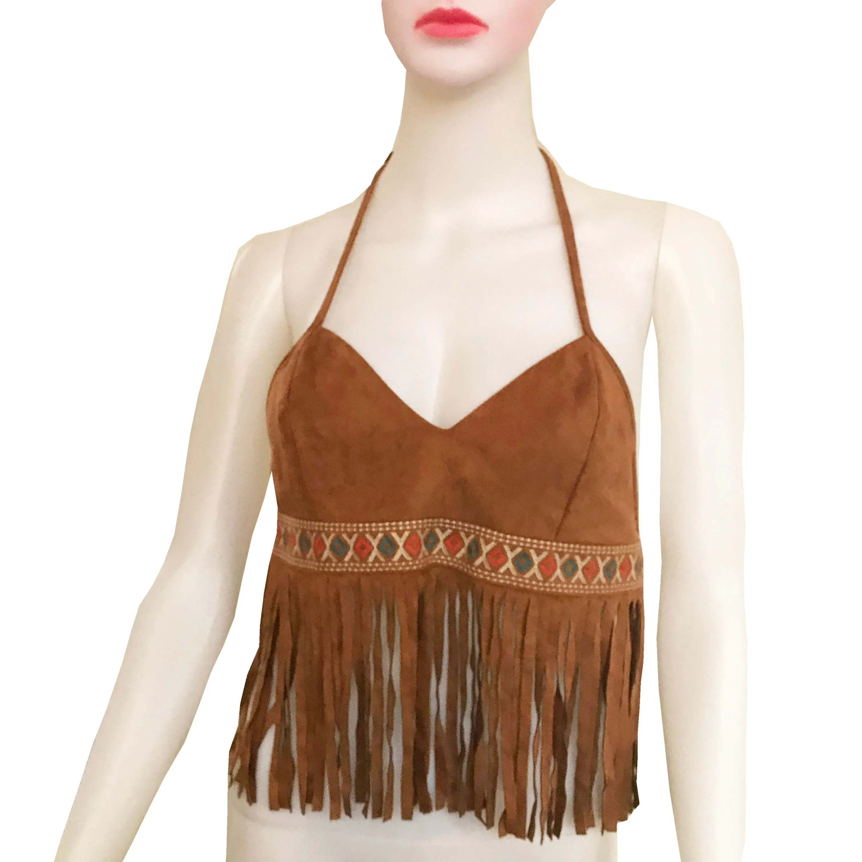 Vintage 1970s Embroidered Fringe Halter Top