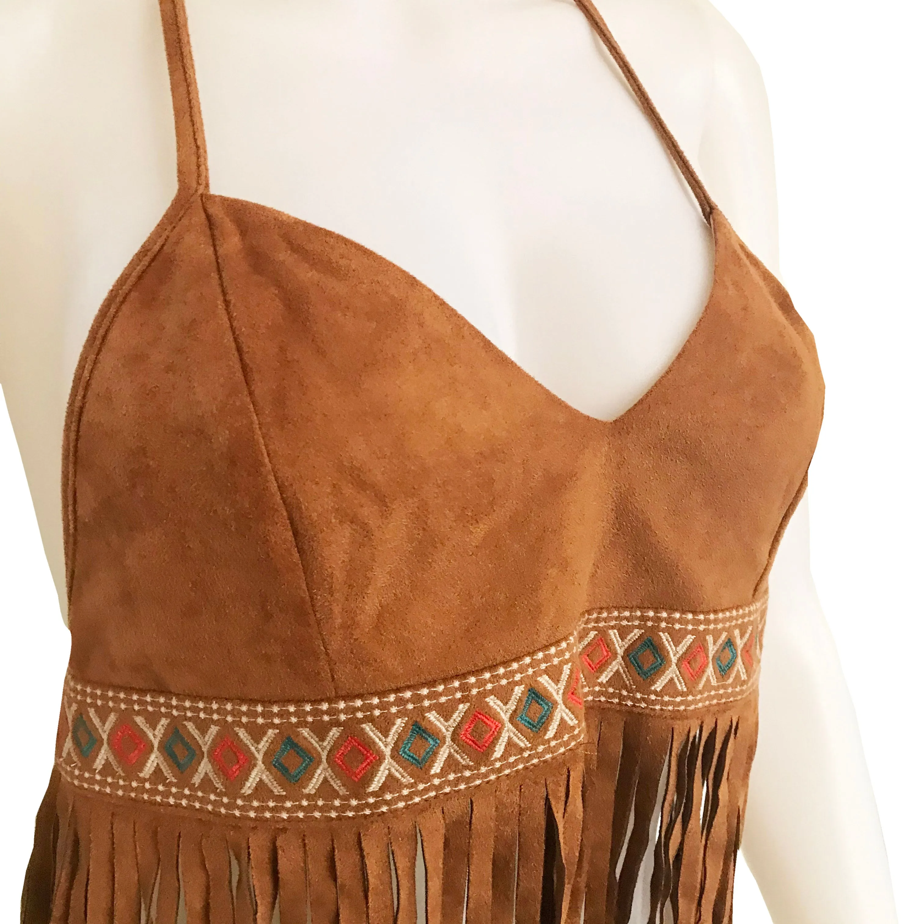 Vintage 1970s Embroidered Fringe Halter Top