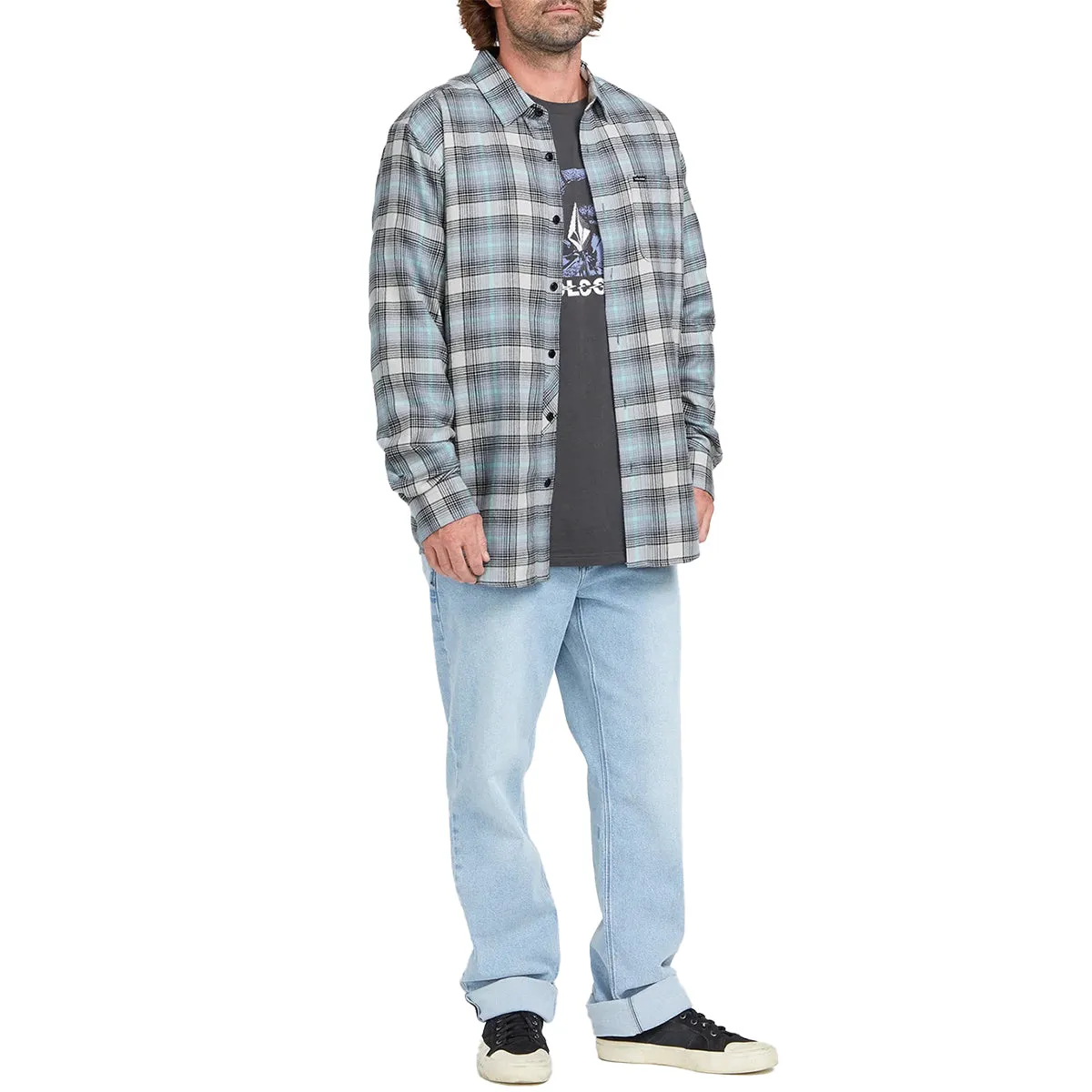 Volcom Caden Plaid Long Sleeve Button-Up Flannel Shirt - Tower Grey