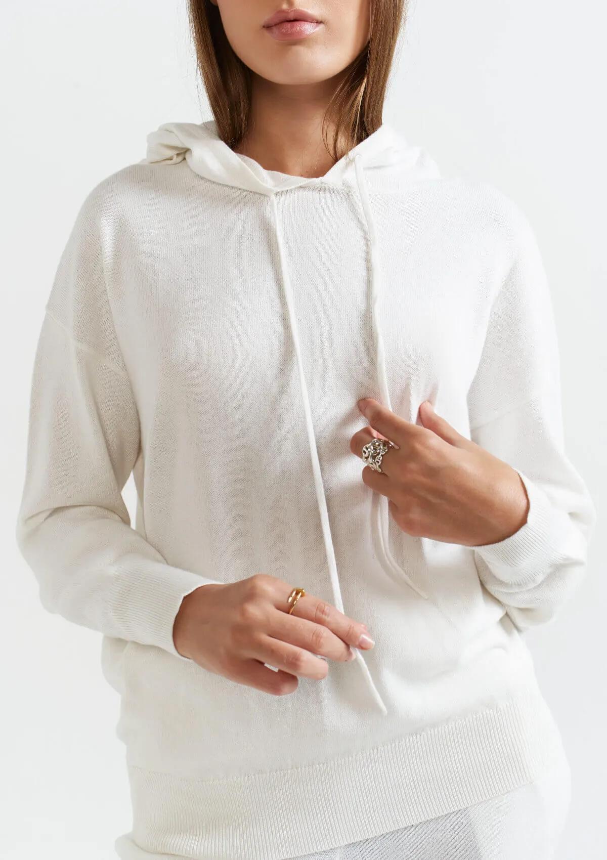 WHITE CASHMERE BLEND HOODED SWEATSHIRT