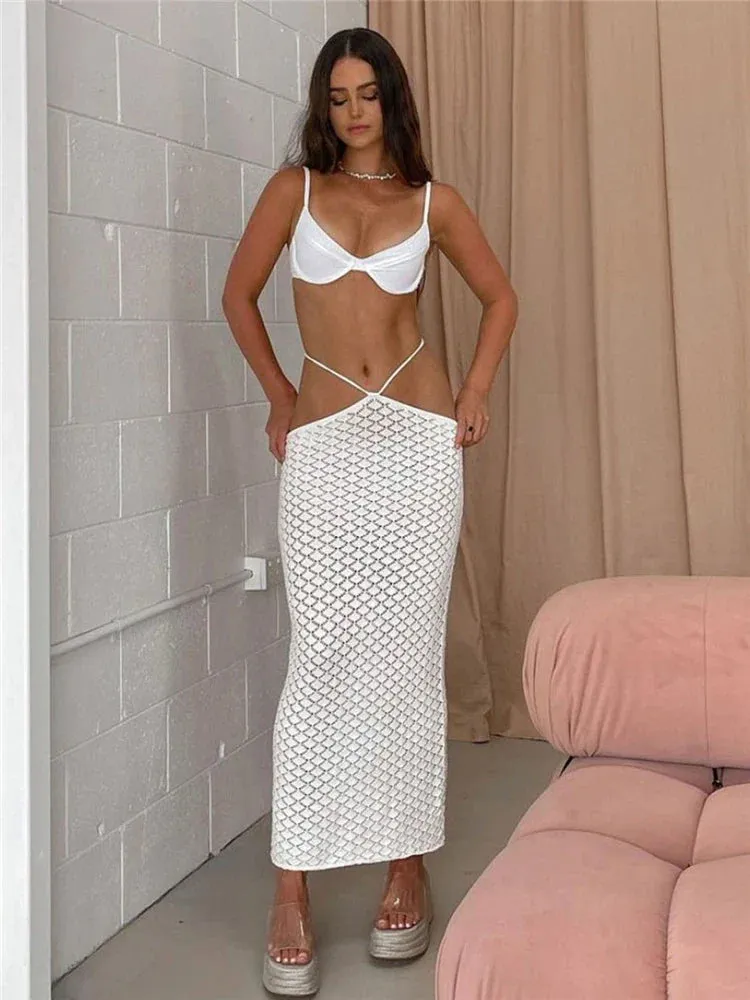 White Knitted Pencil Skirt with See Through Detail