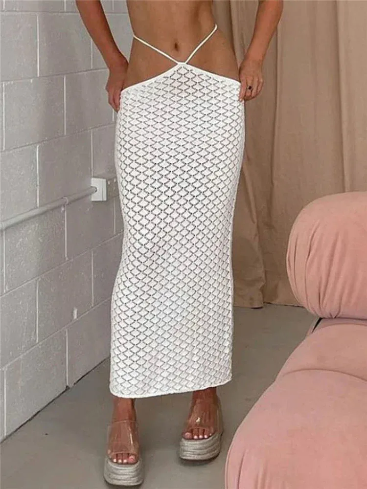 White Knitted Pencil Skirt with See Through Detail