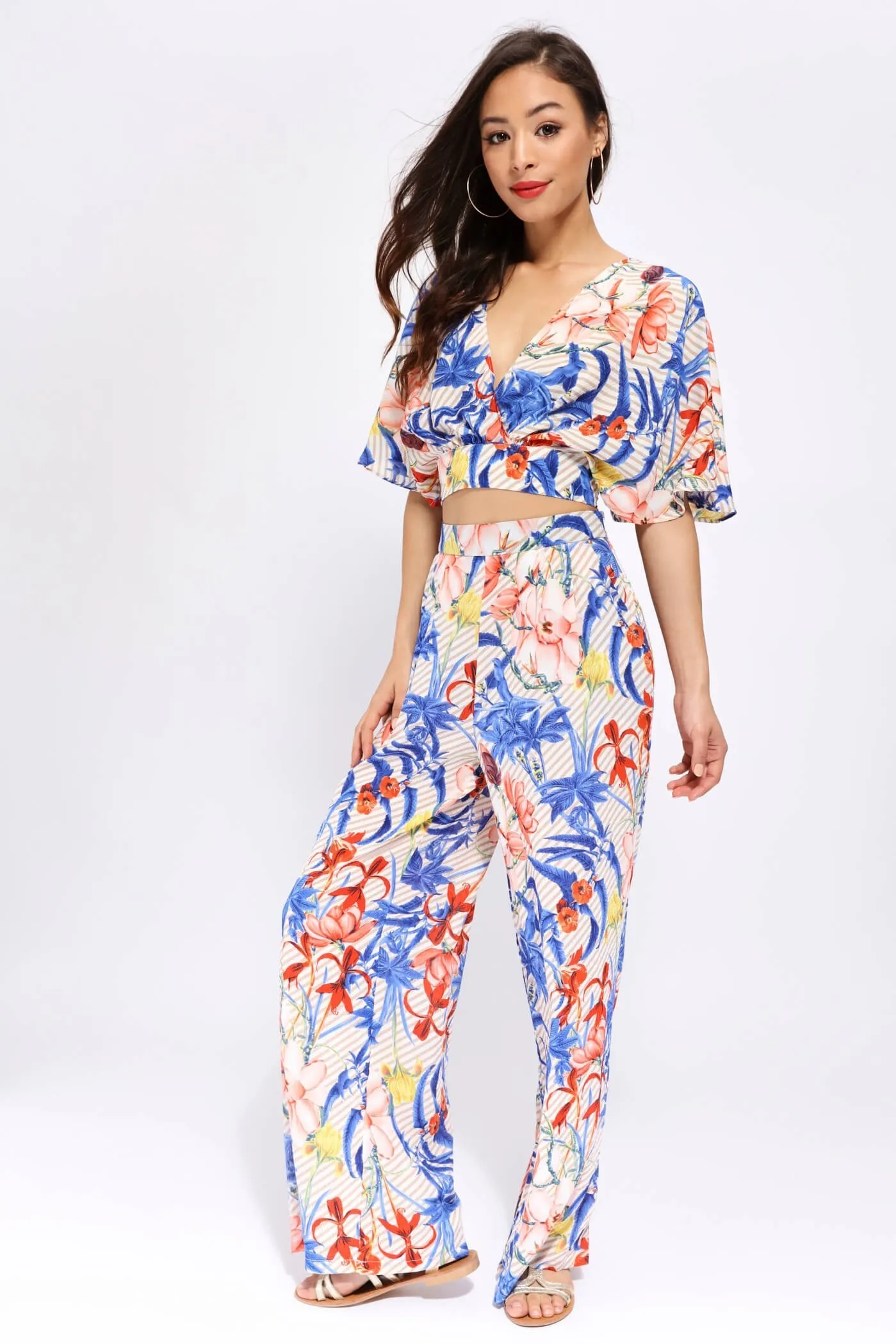 White/Blue Tropical Palazzo Trousers