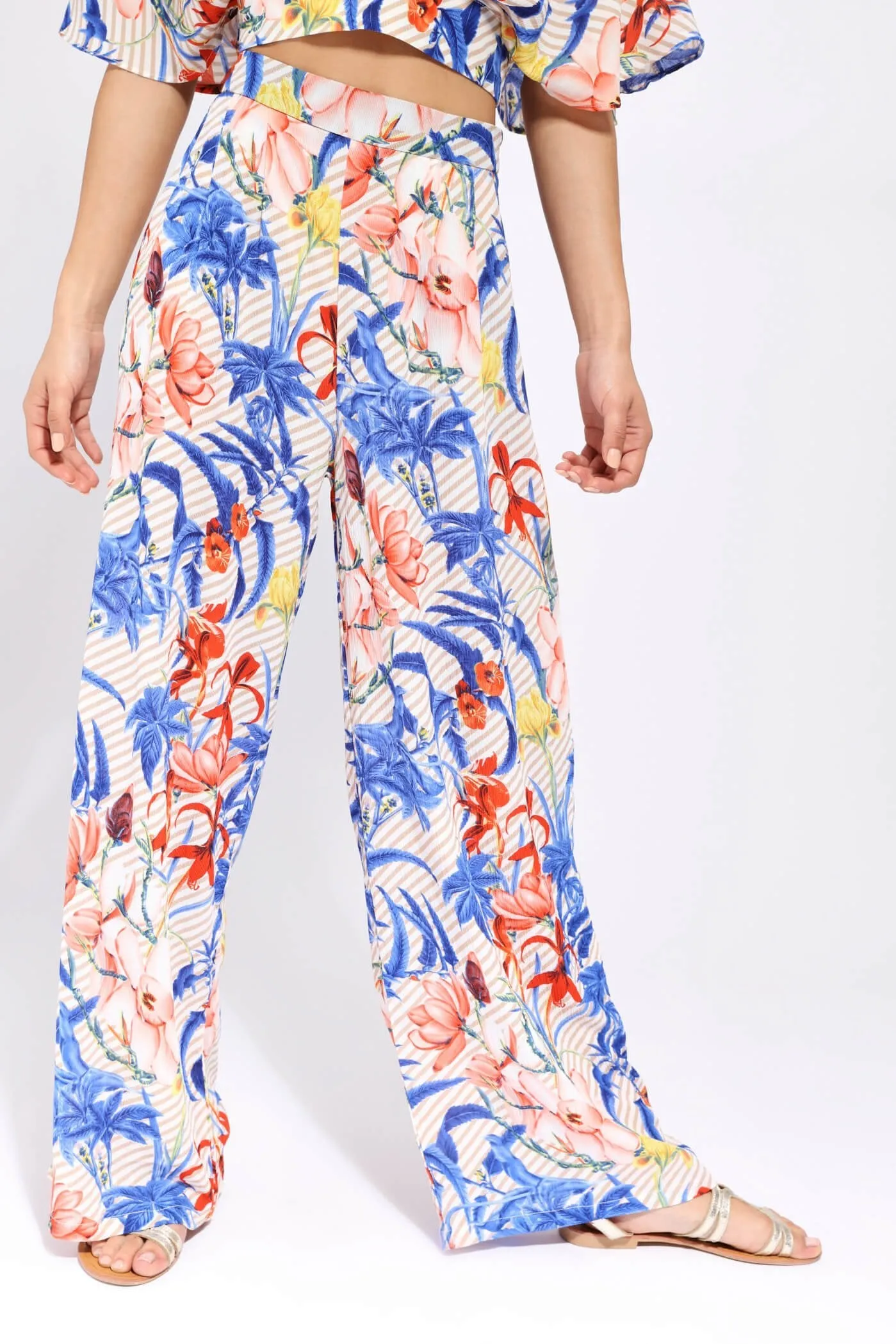 White/Blue Tropical Palazzo Trousers