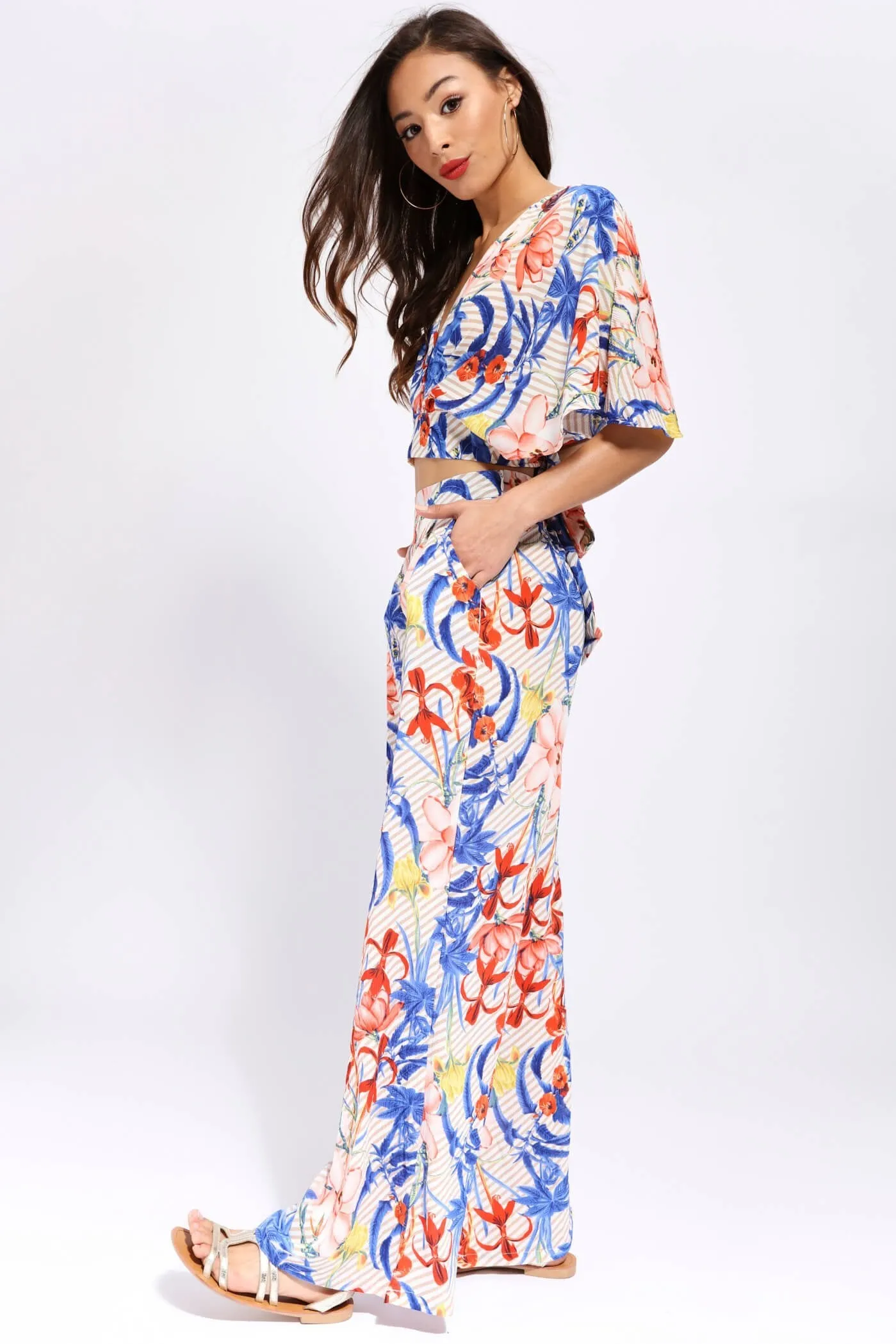 White/Blue Tropical Palazzo Trousers