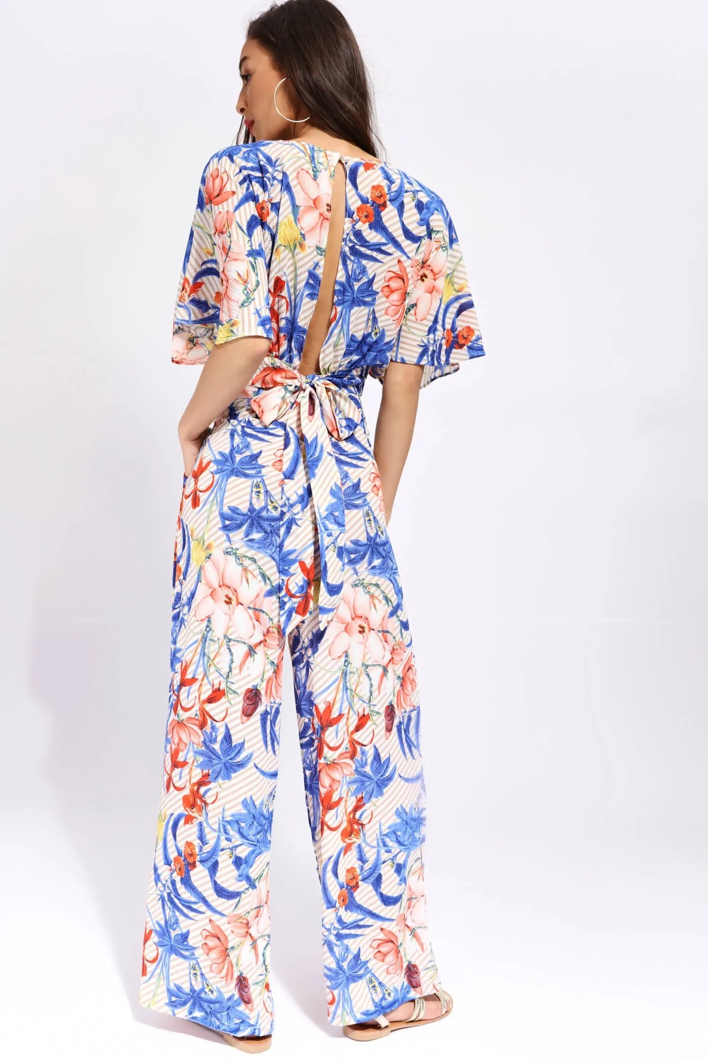 White/Blue Tropical Palazzo Trousers