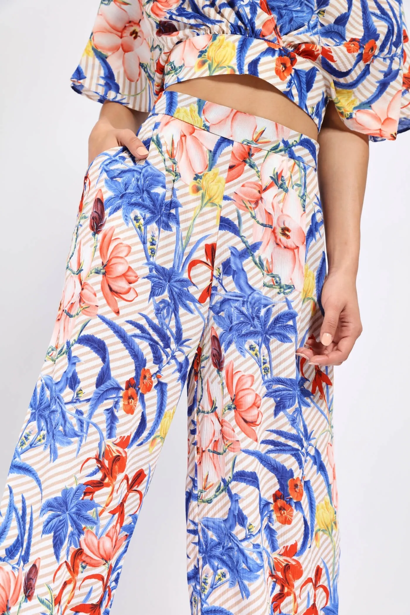 White/Blue Tropical Palazzo Trousers