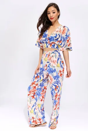 White/Blue Tropical Palazzo Trousers