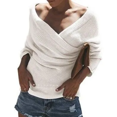 Women's Crossed V Neck Soft Knit Sweater Pullover