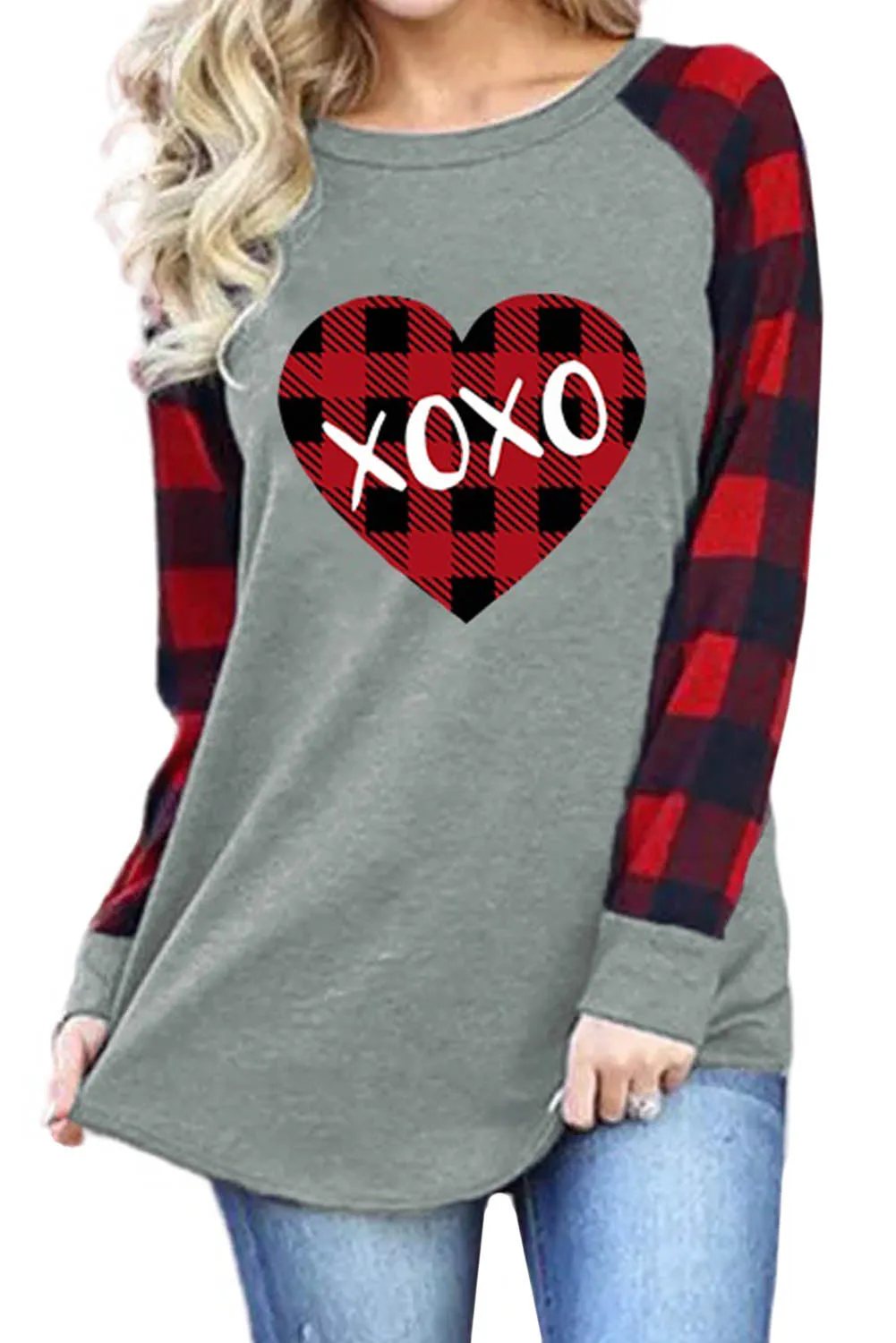 Womens Long Sleeve Shirts Raglan Sleeve Buffalo Plaid Long Sleeve Sweatshirt