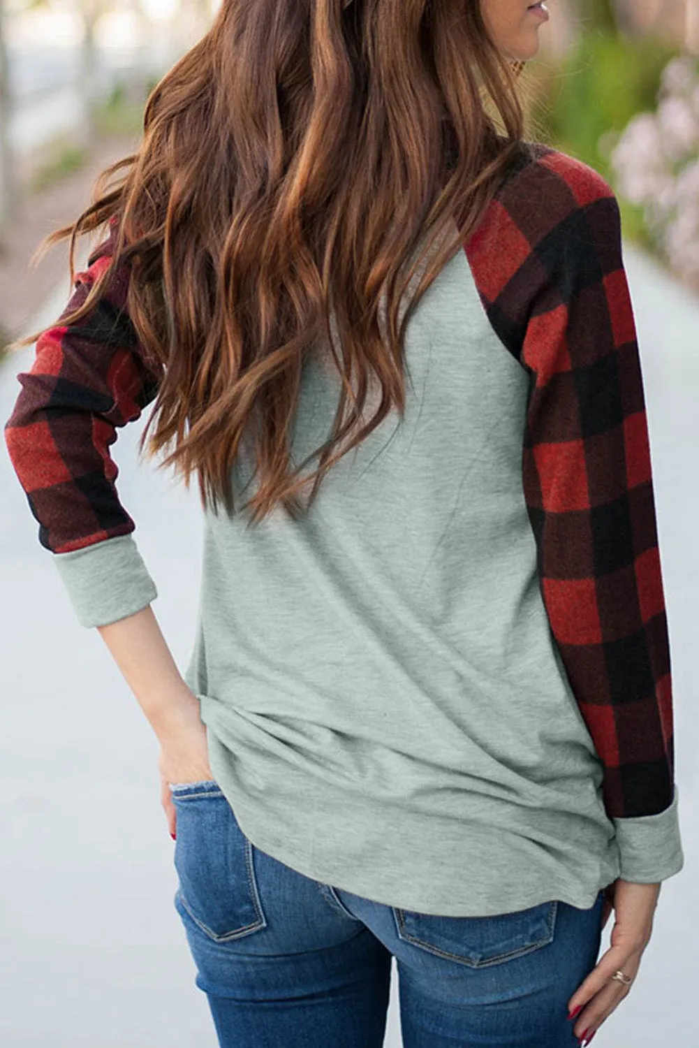 Womens Long Sleeve Shirts Raglan Sleeve Buffalo Plaid Long Sleeve Sweatshirt