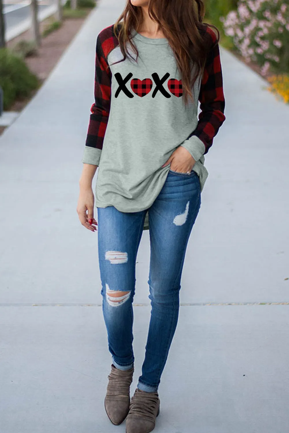 Womens Long Sleeve Shirts Raglan Sleeve Buffalo Plaid Long Sleeve Sweatshirt