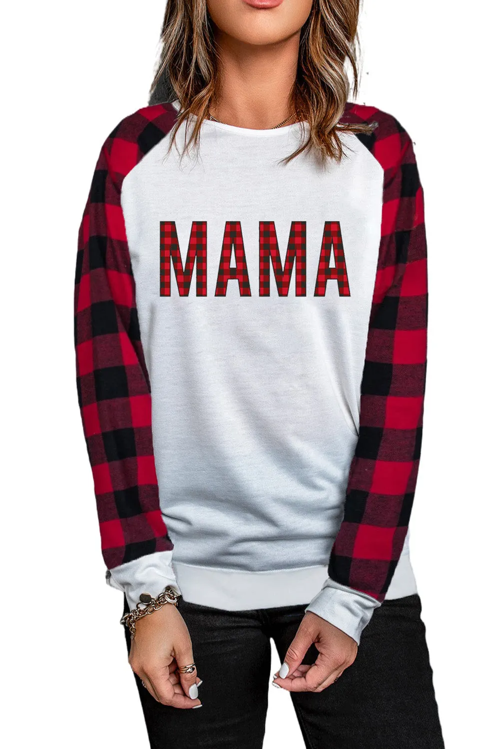 Womens Long Sleeve Shirts Raglan Sleeve Buffalo Plaid Long Sleeve Sweatshirt