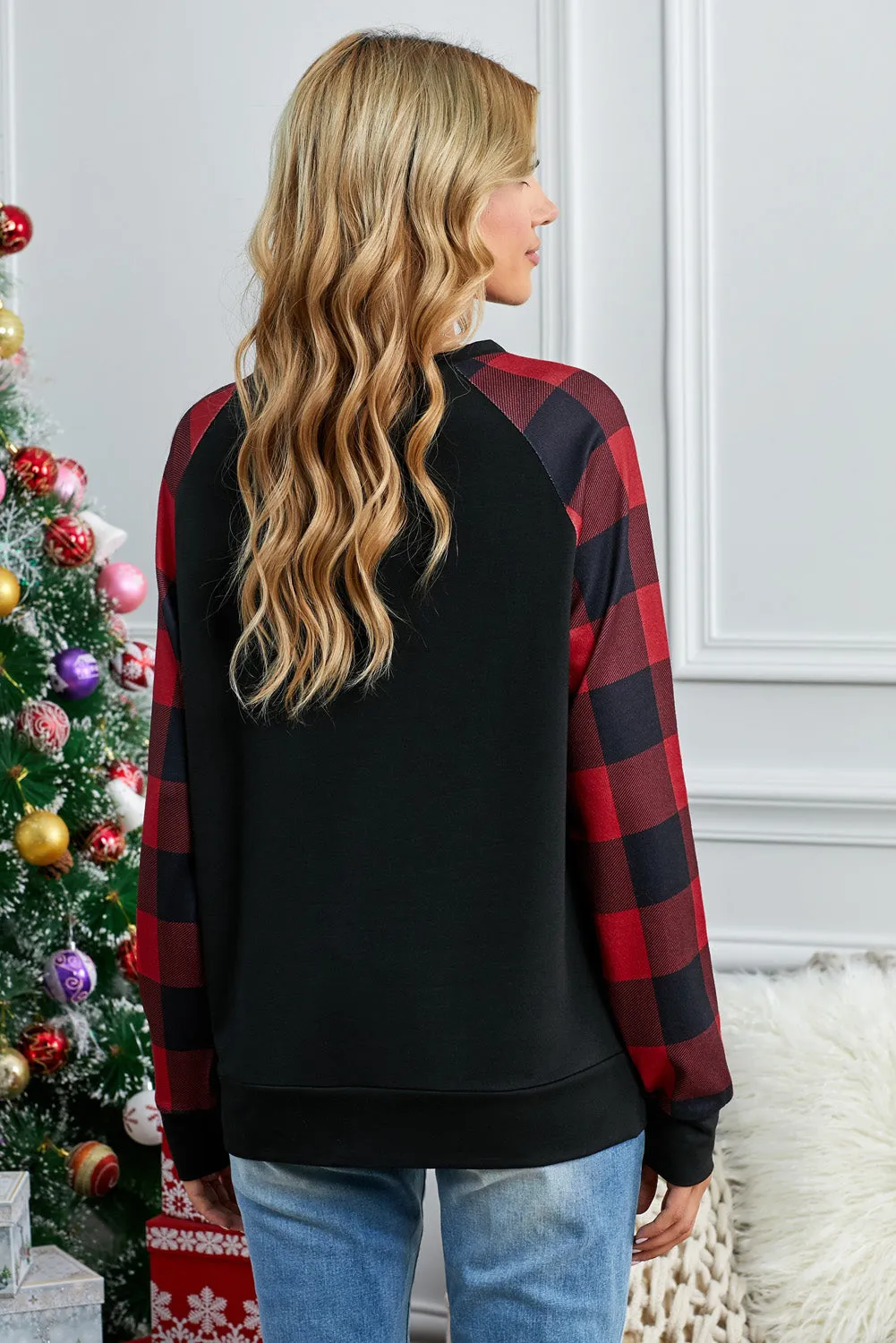 Womens Long Sleeve Shirts Raglan Sleeve Buffalo Plaid Long Sleeve Sweatshirt