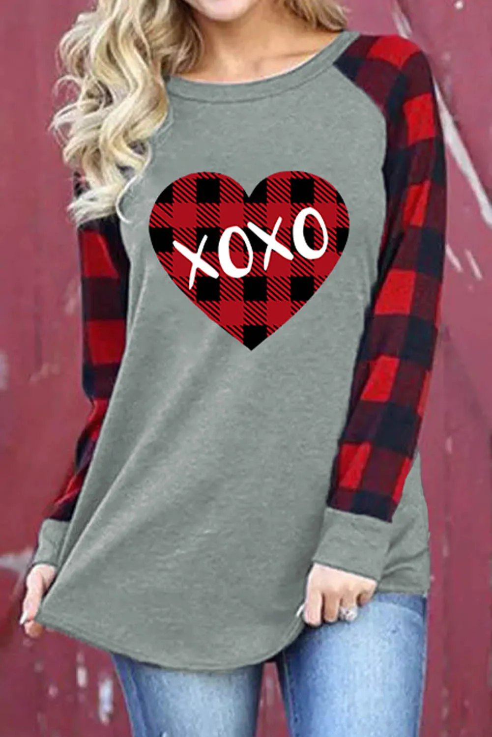 Womens Long Sleeve Shirts Raglan Sleeve Buffalo Plaid Long Sleeve Sweatshirt