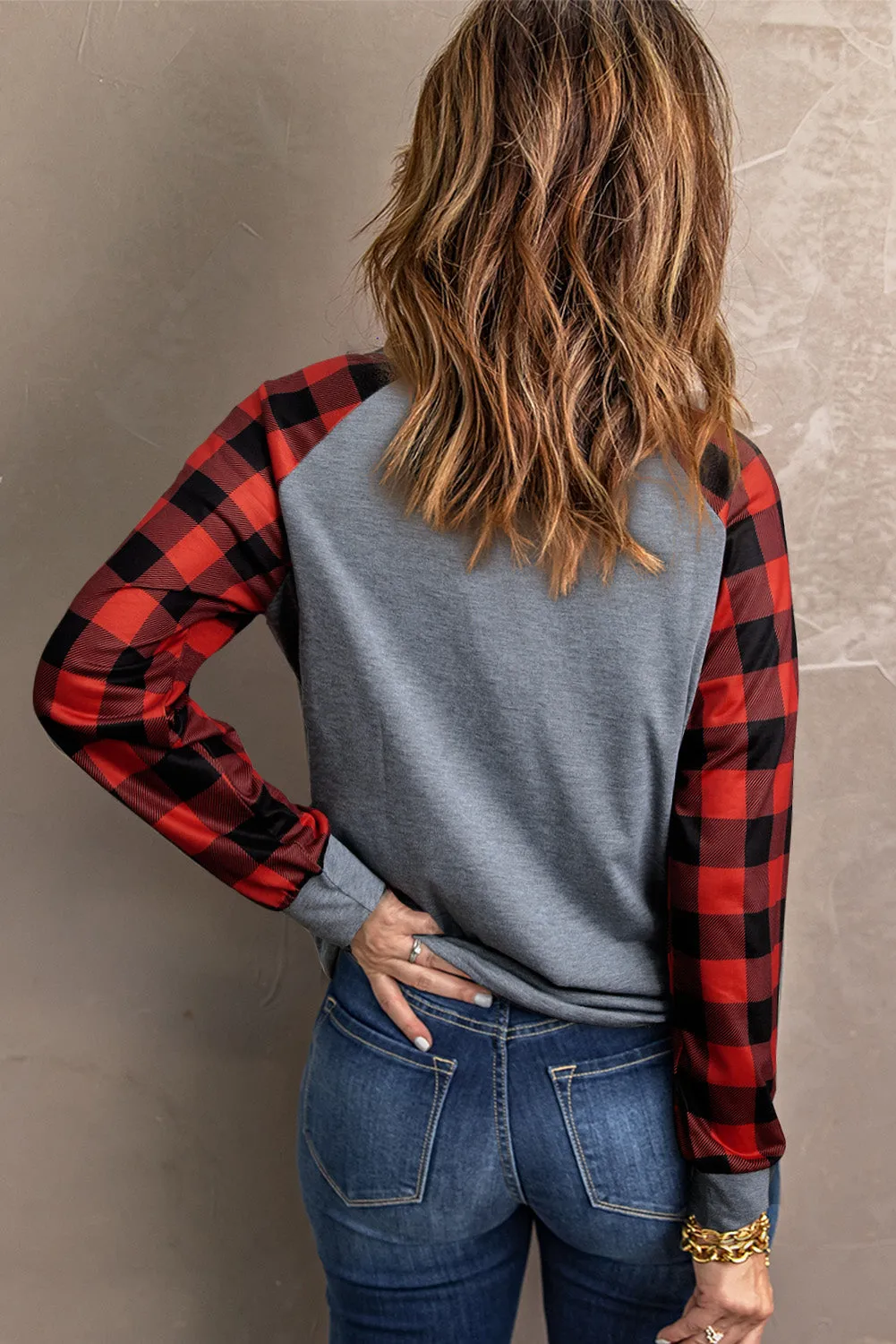 Womens Long Sleeve Shirts Raglan Sleeve Buffalo Plaid Long Sleeve Sweatshirt