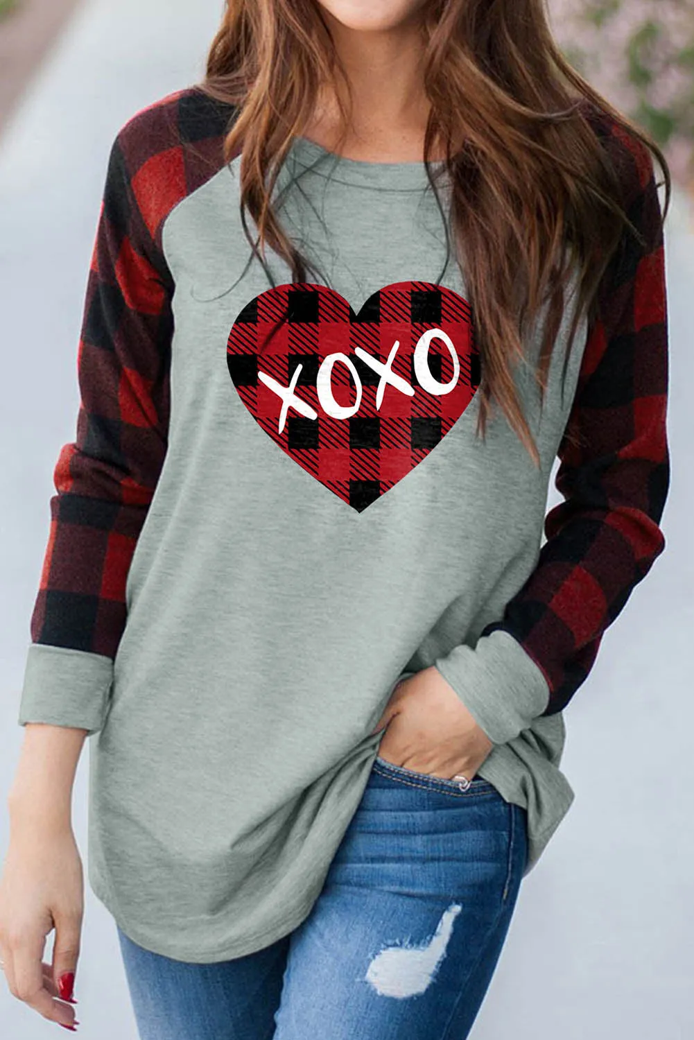 Womens Long Sleeve Shirts Raglan Sleeve Buffalo Plaid Long Sleeve Sweatshirt