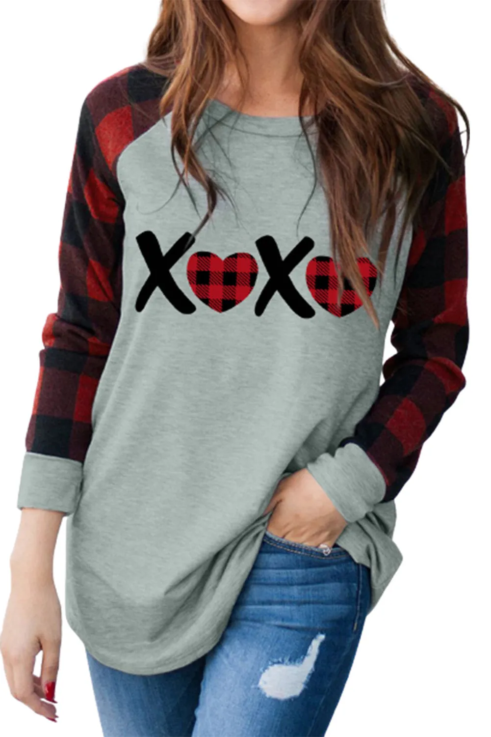 Womens Long Sleeve Shirts Raglan Sleeve Buffalo Plaid Long Sleeve Sweatshirt