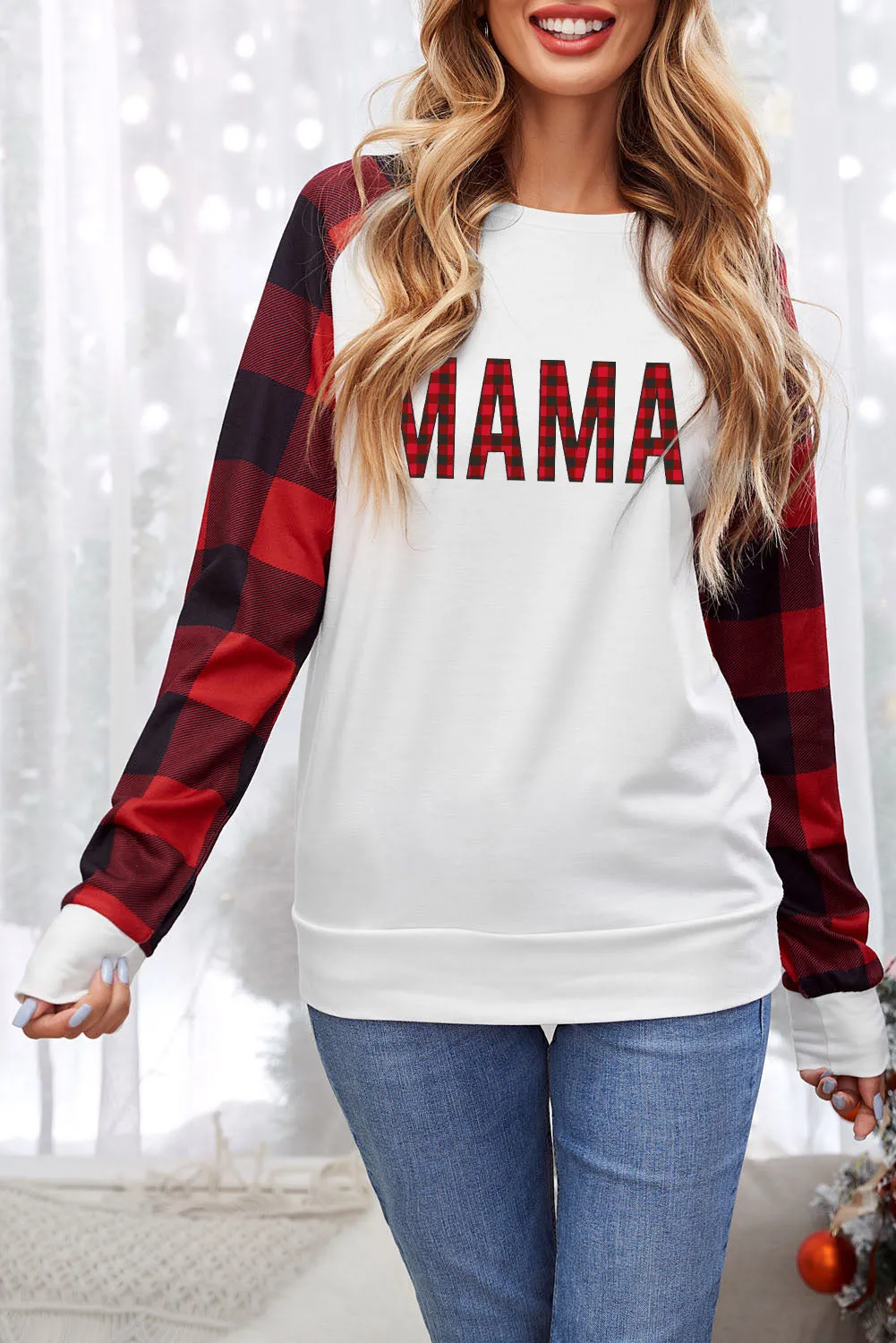 Womens Long Sleeve Shirts Raglan Sleeve Buffalo Plaid Long Sleeve Sweatshirt