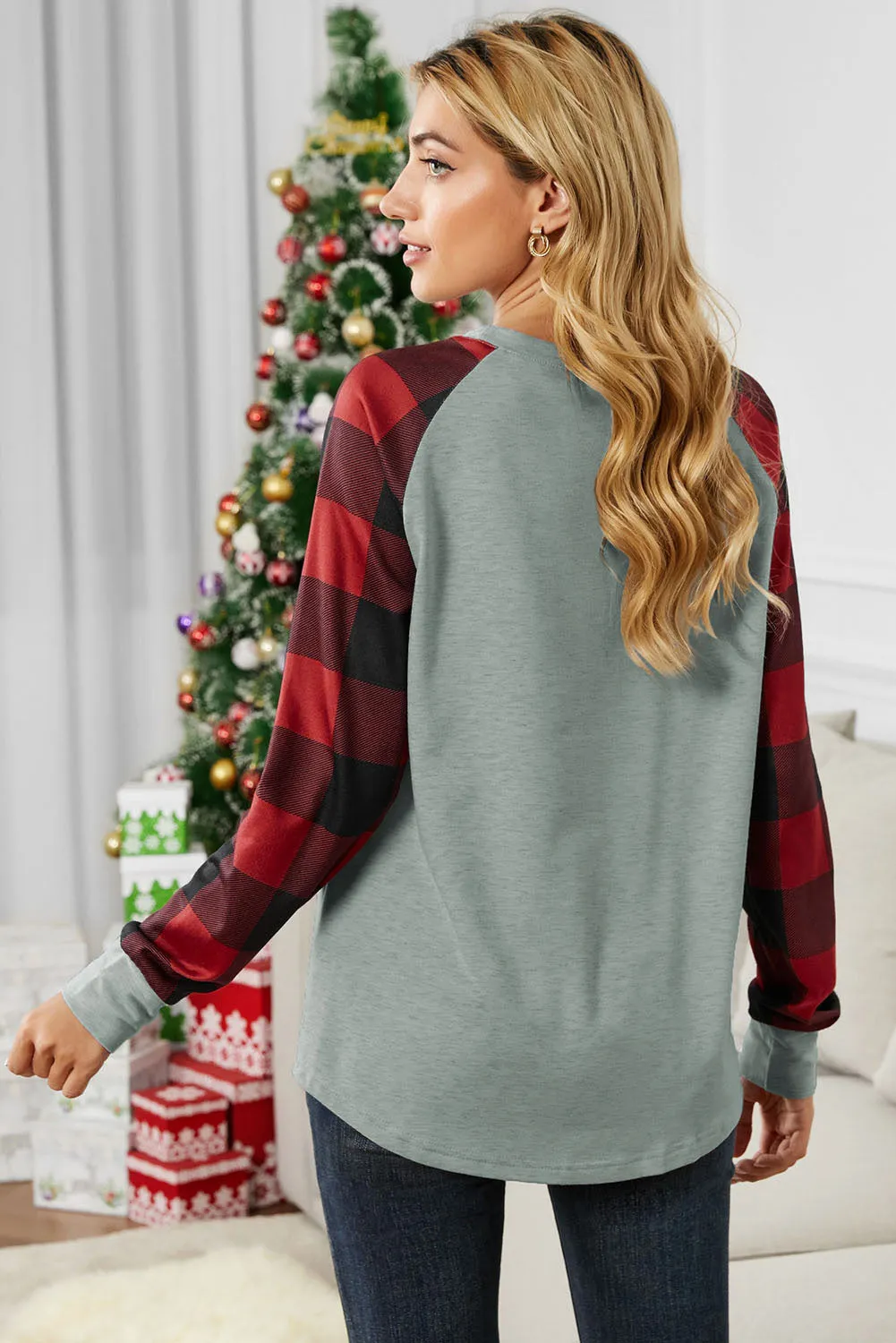 Womens Long Sleeve Shirts Raglan Sleeve Buffalo Plaid Long Sleeve Sweatshirt