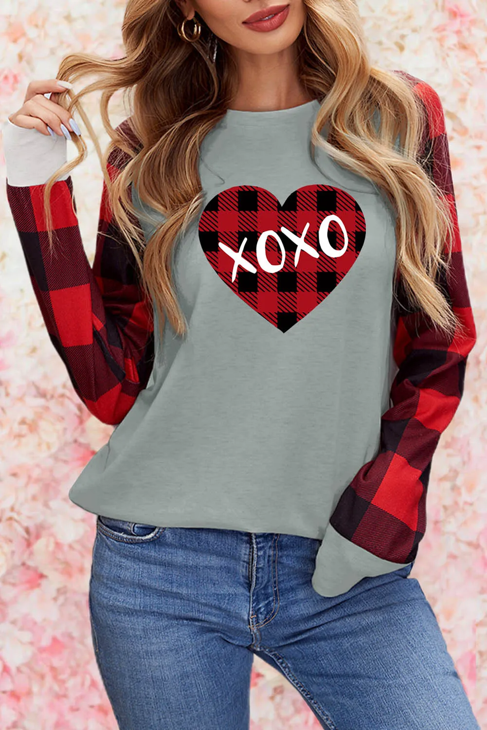 Womens Long Sleeve Shirts Raglan Sleeve Buffalo Plaid Long Sleeve Sweatshirt